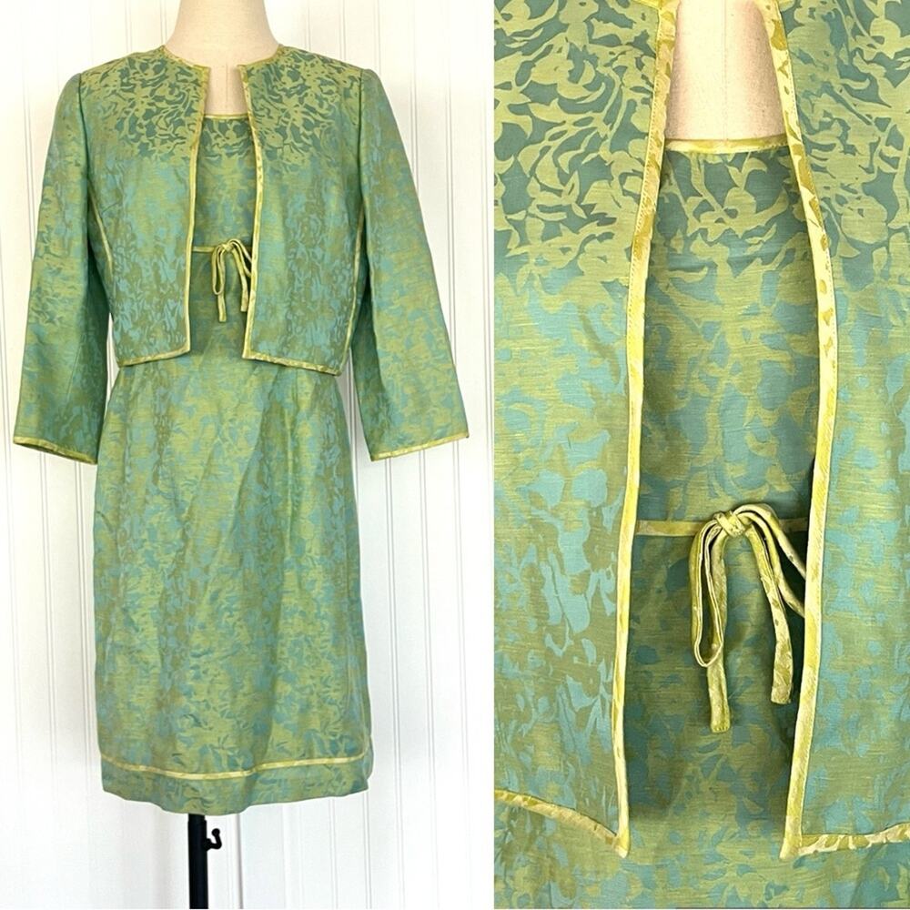 Y2K 2000s Sigrid Olsen Dress Suit Yellow Green Floral Brocade Bow Preppy Size 6